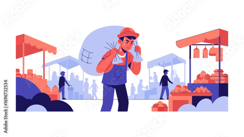 Market Merchant’s Burden: A dedicated merchant carries a heavy sack amidst a bustling marketplace, showcasing a dedication to trade and a community.