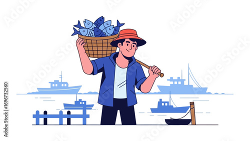 The Fisherman's Bounty: A illustration that captures the essence of hard work and the rewards of the sea, with the fisherman strides confidently