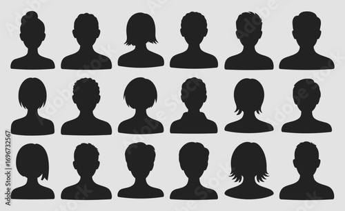 Diverse set of 18 black silhouette head and shoulder profile vector illustrations for user avatars