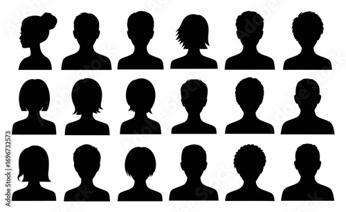 Diverse set of 18 black silhouette human head and shoulder vector graphics for profile use