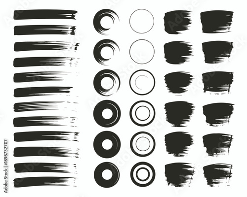 Collection of abstract black paint brush strokes and circles vector illustration scalable design elements