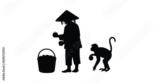 a farmer feeding monkey with basket silhouette