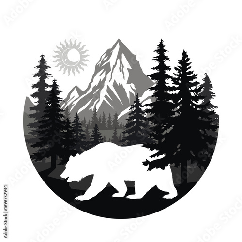 Bear and Mountain Silhouette with Trees. Wild bear walking near forest and mountains with sun and pine trees in circular frame representing nature, wilderness adventure and wildlife landscape design