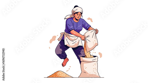 Harvest Labor: A hardworking individual, skillfully pours grains from a bag in a vividly colorful illustration, highlighting a crucial step in agricultural bounty and rural existence.