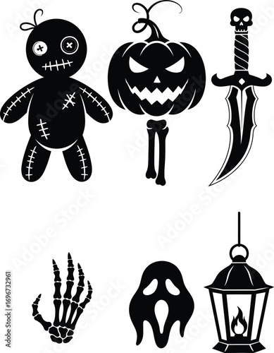 Halloween spooky silhouette set with voodoo doll, jack o lantern pumpkin, skull dagger, skeleton hand, ghost mask and lantern illustration, horror vector clipart for scary design projects.