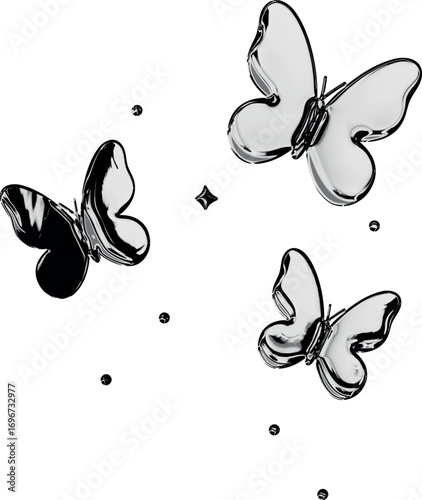Shiny chrome butterflies with metallic reflections and 3D glossy details on black background. Ideal for futuristic, Y2K, luxury, and modern digital design projects.