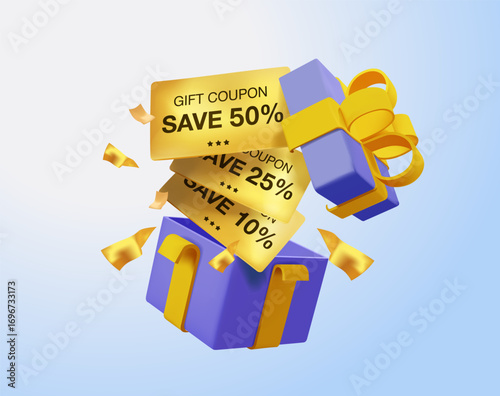 Discount coupons 3D render vector illustration. Digital shopping, ecommerce concept. Gift box for sale isolated