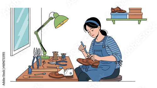 The Art of the Artisan: A skilled craftswoman meticulously repairs a shoe in her workshop, surrounded by her tools and materials, embodying the dedication and skill of traditional craftsmanship.