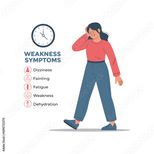 "Weakness Symptoms Vector – Woman Feeling Dizzy with Fatigue, Fainting and Dehydration Signs"