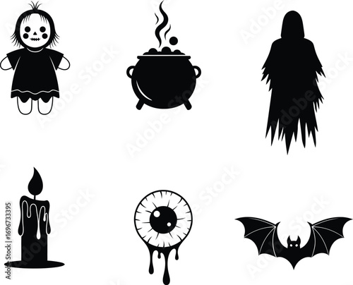Halloween spooky silhouette set with creepy doll, witch cauldron, ghostly figure, dripping eyeball, bat and candle illustration, horror vector clipart for decoration and design.