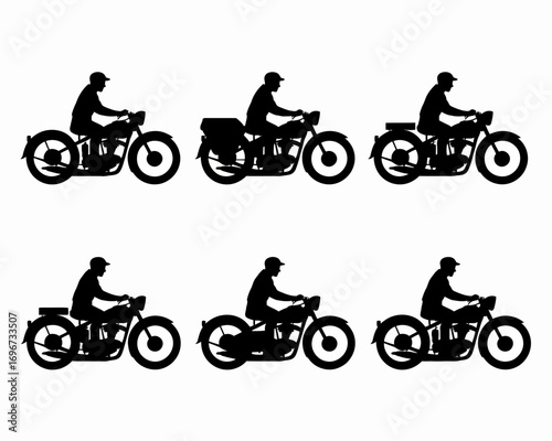 Set of six black silhouette illustrations of vintage motorcycles and riders scalable vector eps icon