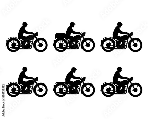 Set of six black silhouette illustrations of riders on vintage motorcycles vector graphic