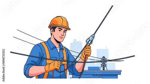 Power Line Maintenance: A skilled linesman in protective gear carefully inspects and repairs overhead power lines, a testament to safety and professional maintenance.