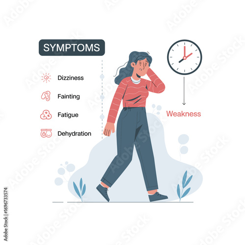 "Health Symptoms Vector – Woman Feeling Weak with Dizziness, Fatigue, Dehydration and Fainting Signs"