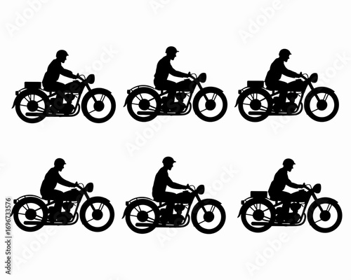 Set of six black silhouette illustrations of vintage motorcycles with riders scalable vector graphics