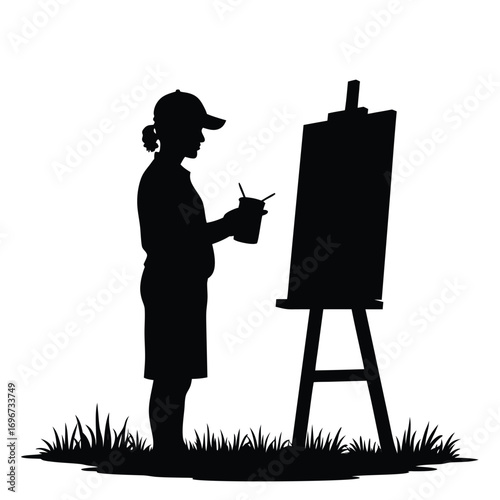 Silhouette of a child painting outdoors on a white background