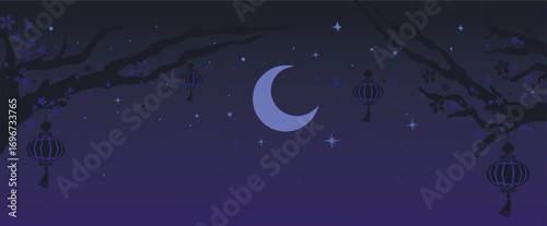 Night Sky Lanterns with Crescent Moon. Beautiful night sky illustration with glowing crescent moon, hanging lanterns and shining stars in minimal oriental decorative style symbolizing calm and peace