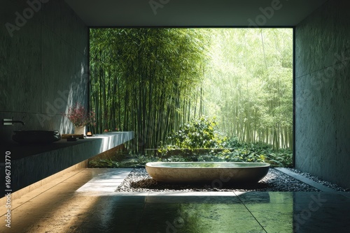 Zen Bathroom Retreat - Bathtub Overlooking Lush Bamboo Forest.