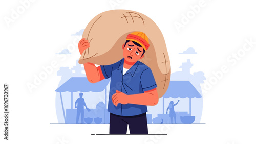 Burdened at the Marketplace: A hardworking vendor bears the weight of his responsibilities as he navigates the bustling marketplace with determination.