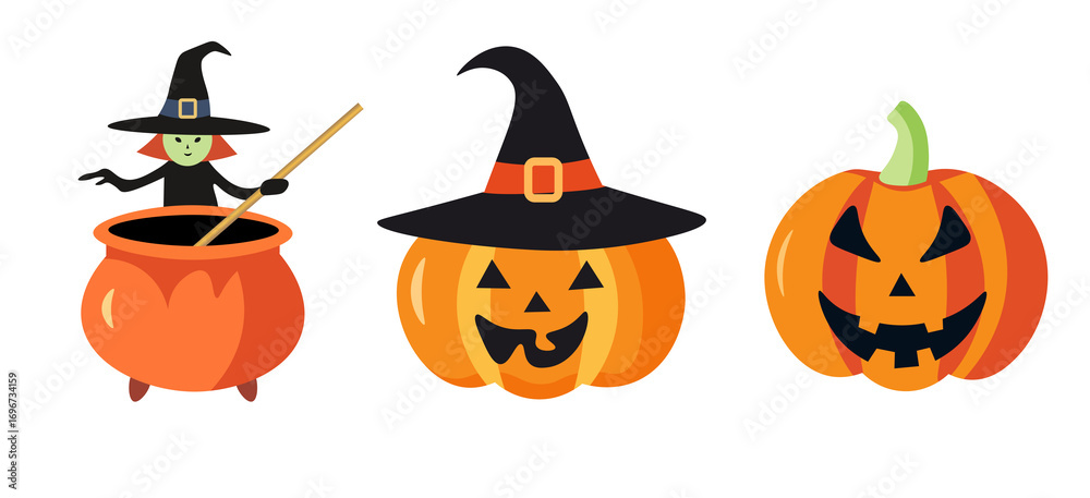 Fototapeta premium A whimsical Halloween-themed illustration featuring three elements. On the left, a cartoon witch with green skin stirs a large orange cauldron with a stick.
