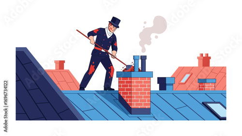Chimney Sweep at Work: A chimney sweep in a classic uniform diligently tends to a chimney, set against a backdrop of rooftops and a gentle stream of smoke.