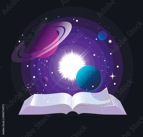 Open Book with Planets and Universe. Magical art with glowing light bursting into cosmic space with planets, stars and galaxies symbolizing imagination, fantasy, knowledge and creativity