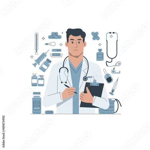 "Doctor Character Vector – Male Physician with Clipboard, Medical Equipment and Healthcare Illustration"