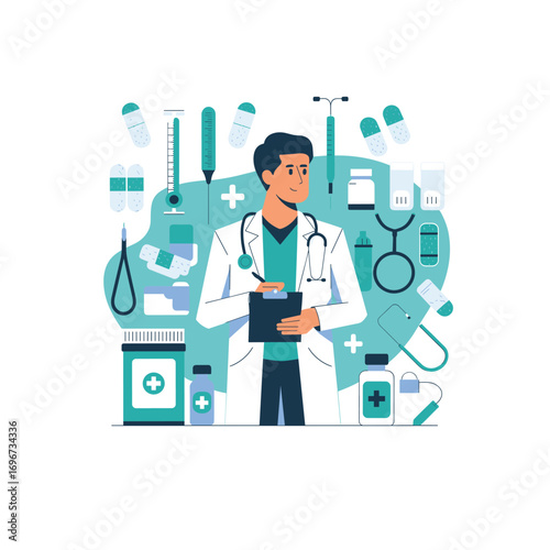 "Doctor Character Vector – Medical Equipment, Stethoscope, Medicine and Healthcare Illustration"