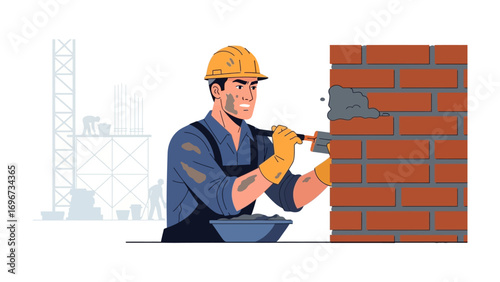 Bricklayer at Work: A construction worker meticulously lays bricks, demonstrating the craft of building and construction with focus.