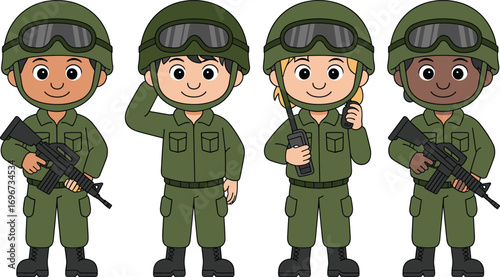 Cartoon military kids in army uniform, holding weapons and radios, standing in line, soldier characters, children dressed as soldiers