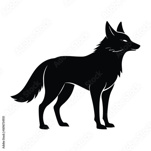 Black silhouette of a standing coyote with detailed fur lines on white animal wild
