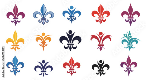 Collection of ornate fleur de lis symbols in various vibrant colors and designs
