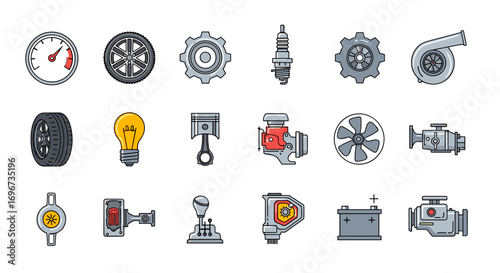 Collection of automotive mechanical components and diagnostic equipment icons
