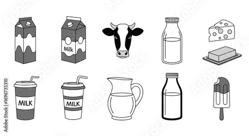 Collection of dairy products and beverages including milk cartons and bottles