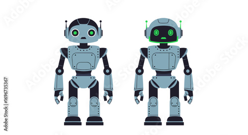 Two futuristic mechanical robots stand side by side on a white background showcasing advanced technology and artificial intelligence concepts