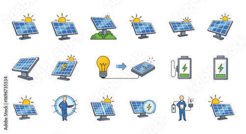 Illustrations of solar power technology and renewable energy solutions for a sustainable future