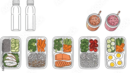 Healthy Lunch Meal Prep Combo Flat Lay Vector