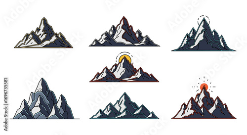 A collection of stylized pixelated mountain peaks featuring various designs and sun elements evoking a sense of adventure and nature's grandeur