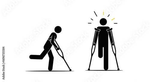 Man with a prosthetic leg using crutches standing tall and confident after recovery