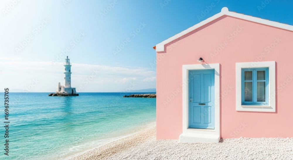 Fototapeta premium Charming Pink House and Lighthouse on a Sunny Beach
