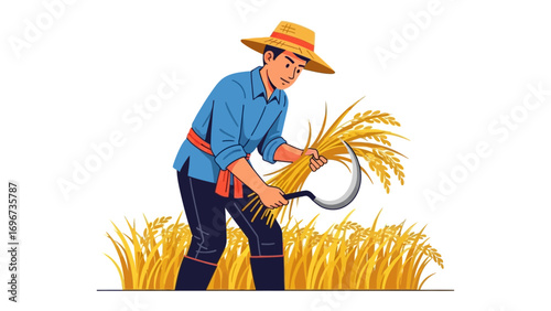 The Harvest Worker: A focused farmer meticulously reaps a golden wheat field, capturing a moment of rural labor and seasonal abundance.