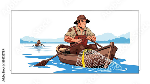 Solitary Fisherman at Work: An illustration depicts a dedicated fisherman navigating his rowboat, net in tow, as he patiently casts his net onto the tranquil waters, the second boat in distance.