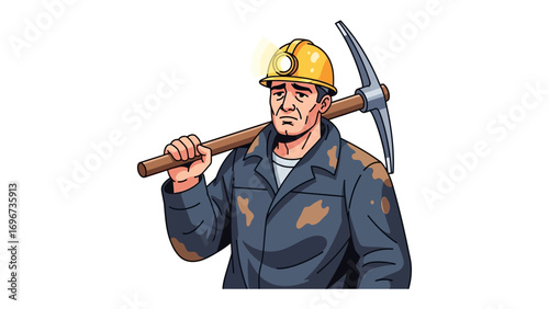Weary Worker: Depicts a hardworking miner, bearing a pickaxe with his headlamp on, illustrating the essence of labor and dedication in the face of challenging work.