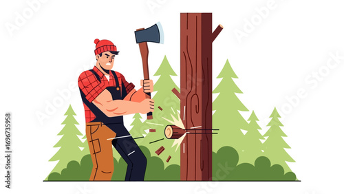 Lumberjack Felling Tree: A strong lumberjack, equipped with an axe, cuts down a tree in a picturesque forest setting, symbolizing the raw power of nature and the skill of the craftsman.