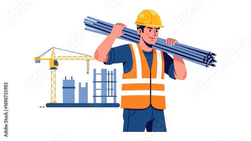 Construction Worker with Supplies: A construction worker wearing a safety helmet and vest carries supplies with a backdrop of a building site showcasing the dedication, labor and industry.