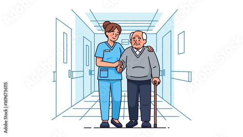 Caring Support: A compassionate caregiver provides gentle assistance, walking with an elderly person down a brightly lit corridor, embodying care and empathy.