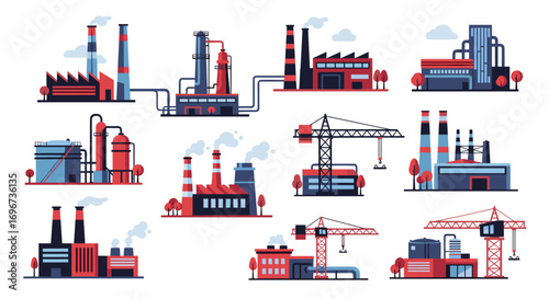 Industrial factory buildings and cranes set representing manufacturing and construction industries