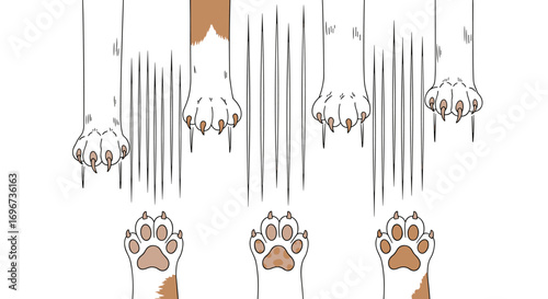 Whimsical illustration featuring multiple adorable cat paws descending in a playful manner