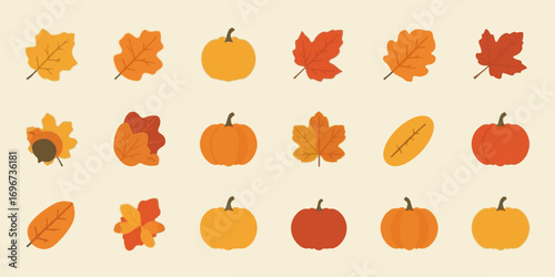 12 September 2025 - Autumn themed flat design vector icons with smooth rounded edges and vibrant bold colors including shades of orange, red, and yellow, for a clean and stylish seasonal template 