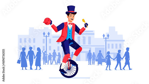 Circus Performer on a Unicycle: A captivating circus performer on a unicycle enchants the crowd, balancing his props and radiating energy.